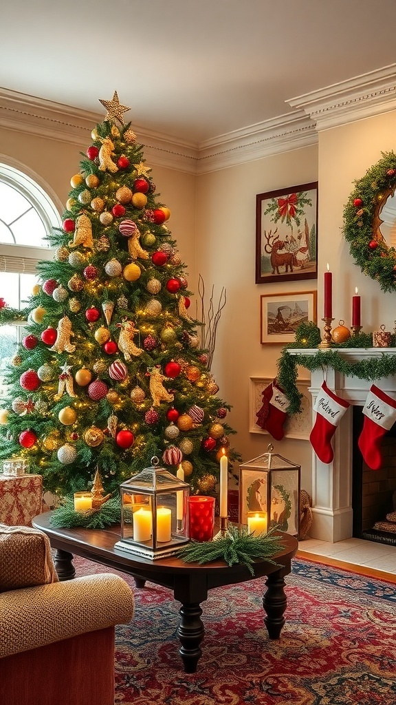 A festive living room decorated for Christmas with a tree, handmade ornaments, and a cozy fireplace.